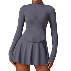 Summer Anti-Ultraviolet Yoga Running Suit Quick-Drying <b>Elastic</b> Waist Short <b>Skirt</b> Solid Ice Silk Yoga Tops Long Sleeved Front - Product Image 2