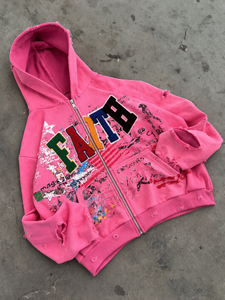 Sweat à capuche zippé personnalisé unisexe, coupe oversize, imprimé graphique, effet délavé, streetwear, lourd, fermeture éclair intégrale, marque privée - Product Image 5
