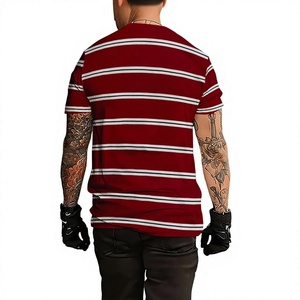 Men's Red Striped Short Sleeve O-Neck Jersey T-Shirt Regular Fit Casual Knitted 220g Regular Length 100% Cotton Breathable - Product Image 4