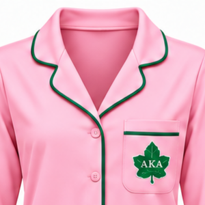 <b>Pink</b> Sorority Sleepwear Set with Green Embroidered Crest Button Down <b>Long</b> <b>Sleeve</b> <b>Top</b> and Elastic Waist Pants Women - Product Image 3