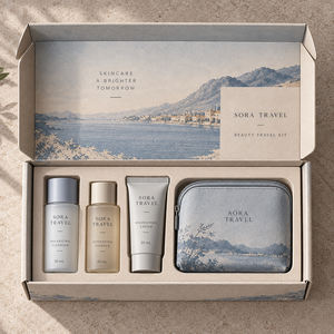 Caja de Embalaje de Cartón Corrugado Impresa Personalizada para Kit de Viaje de Belleza SORA - Product Image 2