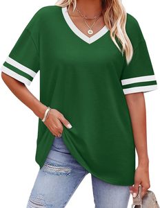 Camiseta de Manga Corta con Cuello en V para Mujer, Color Verde Sólido, Corte Holgado, Informal, de Algodón Jersey, Estilo Primavera-Verano - Product Image 1