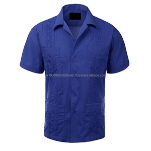 เสื้อโปโลผ้าคอตตอนสไตล์คิวบาลำลองเสื้อโปโล guayabera สีน้ำเงินไพลิน - Product Image 2
