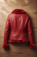 Veste d'hiver pour femme DF-WLJr2 en cuir PU rouge avec fourrure de mouton, fermeture éclair sur le devant, rembourrage en polyester et bordure en fourrure |   Mode décontractée