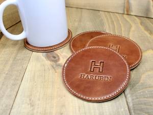 Genuine Leather Coasters Set Round Shape <b>Table</b> Mats for Dining Room Luxury Handmade Cowhide Cup Pad Brown GLC-0029 - Product Image 4