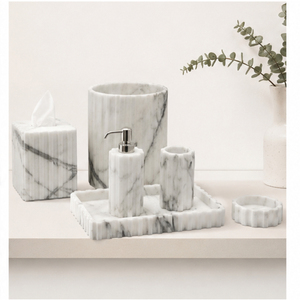 Ensemble d'accessoires de salle de bain en marbre blanc de luxe, distributeur de savon, porte-brosse à dents, boîte à mouchoirs et plateau pour la décoration moderne de la maison et de l'hôtel - Product Image 6