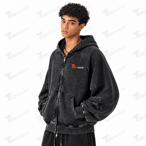 Tiierwear Men's Acid Wash Washed Cotton Hoodie Zip-Up Casual Sweatshirt With Front Logo Pocket Design Autumn Style - Product Image 2