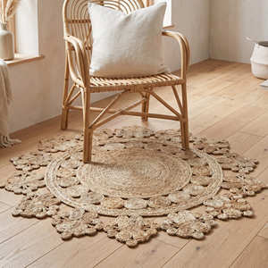 Braided <b>Round</b> Jute Rug with Navy Concentric Rings for Living Room, Entryway & Coastal Interiors - Product Image 2