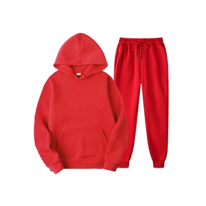 Conjunto de Sudadera con Capucha Roja Unisex, Corte Regular, Color Sólido, Pantalones Deportivos Casuales, Tela French Terry, Ropa de Otoño - Product Image 1