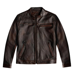 Men’s Distressed Dark Brown Genuine Leather <b>Racer</b> <b>Jackets</b> Snap Tab Collar Zip Front Slim Fit Vintage Motorcycle Casual Outerwear - Product Image 2
