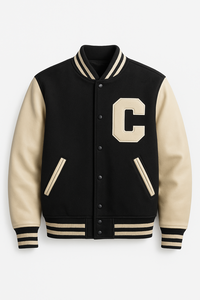 Blouson universitaire unisexe noir avec lettre C sur le devant, en polyester/coton, style preppy, col mandarin, simple boutonnage - Product Image 5