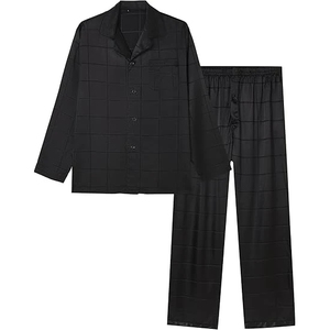 <b>Men's</b> Silk Satin Plaid Long Sleeve <b>Pajama</b> <b>Set</b> Classical Style Autumn Wear Full Length with Pockets Machine Washable - Product Image 1