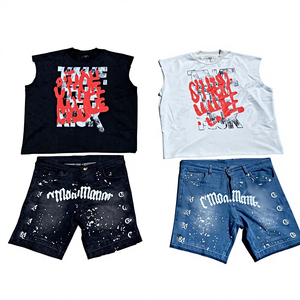 Ensemble débardeur sans manches en jean délavé imprimé sur mesure pour homme, style streetwear vintage, bords bruts, et short en jean décontracté pour l'été 2026 - Product Image 1