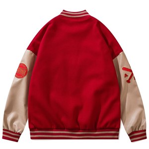 Blouson universitaire Hustle Kids en denim vintage rouge et beige avec patch lettre K brodé, coupe classique pour homme, idéal pour le skatepark, collection automne - Product Image 2