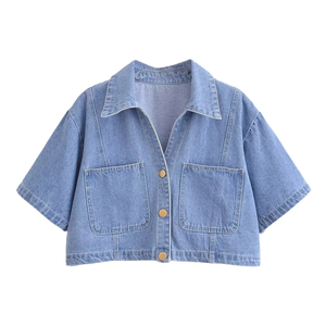 Women's Casual Canvas Denim 2-Piece Summer Set Crop <b>Top</b> Above Knee Shorts with Embroidery Appliques - Product Image 2