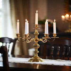 Vintage brass dive arm tabletop <b>candelabra</b> highlighting an intricate scrollwork pedestal, available at wholesale prices. - Product Image 4