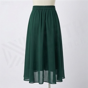 Jupe élégante en mousseline de soie pour femme, coupe trapèze, avec nœud à la taille, longueur genou, en organza vert uni, design plissé - Product Image 2