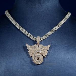 Collier pour homme style Hip Hop, pendentif numéro 6 en forme d'aile, serti de moissanite VVS taille brillant rond, en argent 925, certifié IGI - Product Image 3
