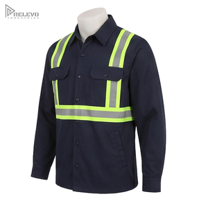 Chemise de travail de sécurité bleu marine personnalisée OEM, coton et polyester sergé, double poche à rabat, coutures fluorescentes, chemise de sécurité réfléchissante - Product Image 3