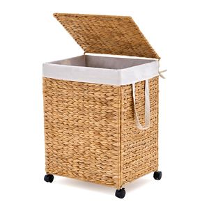 Panier à linge roulant en jacinthe d'eau naturelle tressée avec couvercle et roulettes - Product Image 1