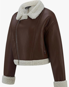 Good Quality Faux Shearling Racer Moto <b>Jacket</b> Thick Fur Lined Sherpa <b>Leather</b> Coat Winter Outerwear Finished - Product Image 4