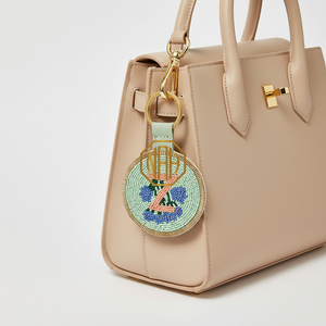 Mint Green Beaded Letter Z Key <b>Ring</b> Round Alphabet <b>Initial</b> Charm Woven Leather Handbag Accessory - Product Image 1