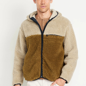 Veste polaire à capuche pour homme, style color block, fermeture éclair, décontractée, pour l'hiver, coupe classique, beige et marron, sweats à capuche en sherpa - Product Image 1