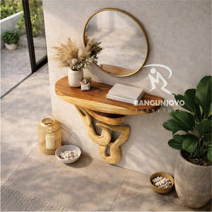 Mesa Consola de Madera Sólida de Suar con Espejo Redondo, Diseño Moderno para Sala de Estar Minimalista, Muebles para el Hogar - Product Image 3