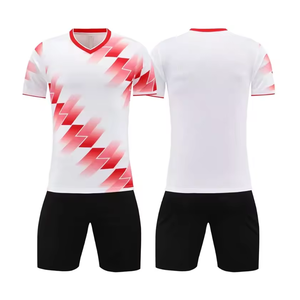 Conjunto de Uniforme de Fútbol Personalizado Unisex, Blanco y Rojo, Manga Corta, Cuello en V, Poliéster que Absorbe la Humedad, Logotipo Frontal - Product Image 1