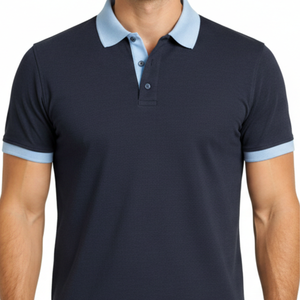 Polo para hombre de alta demanda, cuello azul claro en contraste, azul marino, corte ajustado, informal, deportivo, con capucha, manga corta, para golf. - Product Image 3