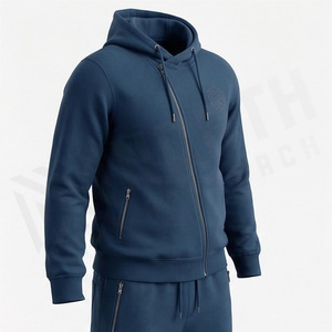 <b>Men's</b> <b>Navy</b> Blue Hooded Tracksuit Solid Color Zipper Front Casual Sportswear Full Sleeve <b>Joggers</b> Set Regular Fit Autumn Wear - Product Image 2