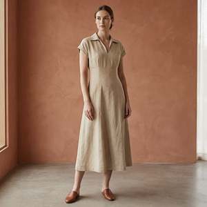 Elegante Vestido Midi A-Line Beige de Algodón y Lino con Paneles para Mujer, con Tela Ligera, Estilo Moderno y Ajuste Cómodo - Product Image 1