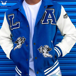 In Different Design Comfortable Unique Design Blue & White Color Block Angel & Letter Patched College Baseball Varsity Jackets - Product Image 6