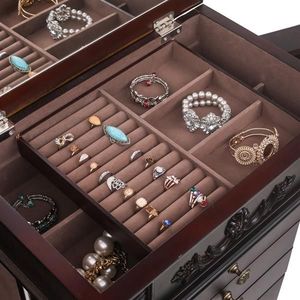 Armadio Portagioie Marrone con 8 Cassetti, 16 Ganci per Collane, 2 Ante Laterali a Battente, Specchio Incluso, Organizzatore per Gioielli - Product Image 5