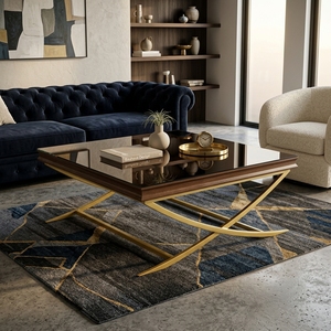 Table basse moderne en verre avec base en acier inoxydable doré en forme de X, table d'appoint carrée en verre trempé, meubles de luxe pour salon - Product Image 5