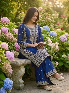 Pure GMY Silk Embroidered <b>Kurti</b> with Heavy Sequence Work Full Sleeves Matching Fully Stitched Plazzo and Lace Border Dupatta Set - Product Image 5