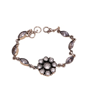 Antique Silver Plated Brass Ethnic Flower <b>Beaded</b> <b>Bracelet</b> with Round Cut Cubic Zirconia for Women's Engagement Jewelry - Product Image 5