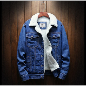 Men's Light Blue Denim <b>Jacket</b> with Faux <b>Fur</b> Lining Turn-down Collar Single Breasted Casual Autumn Fleece <b>Lined</b> Gradient Pattern - Product Image 5