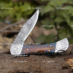 Pine Cone Handle OEM ODM Customizable Hand Engraved Damascus Steel Folding Knife with Leather Pouch Wholesale Factory Direct - Product Image 5