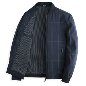 Men's Plaid Bomber <b>Jacket</b> Stand <b>Collar</b> Zipper Closure Windproof Casual Autumn Polyester Regular Fit - Product Image 6
