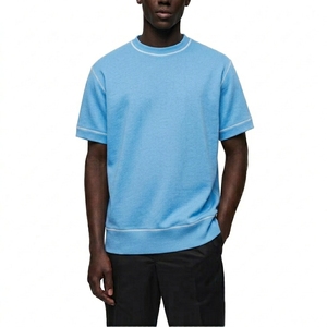 T-shirts en coton pur respirant de couleur bleu ciel uni, anti-rides, style streetwear décontracté, à prix bas pour hommes - Product Image 1