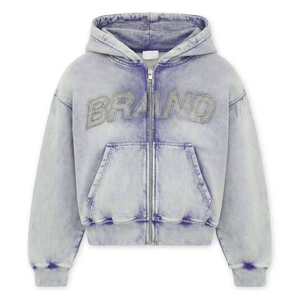 Ensemble de survêtement unisexe personnalisé délavé à l'acide, violet et gris, avec sweat à capuche zippé, pantalon de survêtement évasé, lettres en strass, en molleton bouclette, style streetwear tendance - Product Image 3