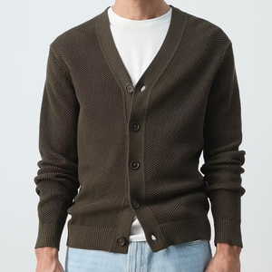 Cardigan pour homme à col en V, manches longues, fermeture boutonnée, couleur unie, tricot anti-boulochage, épaisseur standard, vêtement d'automne - Product Image 2