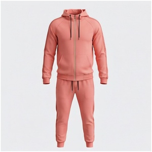 Ensemble de survêtement corail pour homme, manches longues, à capuche, fermeture éclair sur le devant, couleur unie, respirant, coupe décontractée, pour l'automne - Product Image 1