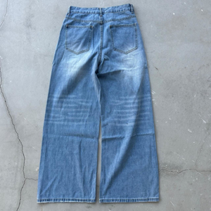 Jean en denim taille haute à jambe large pour homme, en coton délavé, coupe ample, style streetwear décontracté, écologique, tissé mi-lourd pour le printemps - Product Image 3