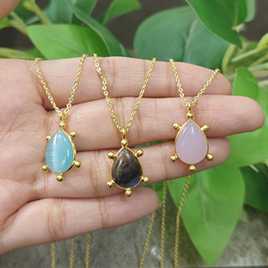 18k Gold Plated Brass Gemstone Cat's Eye Chalcedony Labradorite Pendant Turtle Pear Shape Minimalist Necklace Gift For Her - Product Image 6
