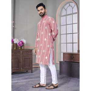 ชุดคลุมสำหรับผู้ชายผ้าลินินปักลายพร้อมชุดนอนสีชมพูแบบดั้งเดิม - Product Image 1