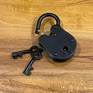 Antique Style Cast Iron <b>Padlock</b> with Keys Black Nickel Finish Irregular Shape Metal Craft for Art Collectible Use - Product Image 1