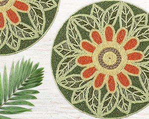 Handmade Beaded Round Placemat Floral Design Luxury Glass Bead <b>Table</b> <b>Mat</b> for Dining <b>Table</b> Decor Green & Orange Craftera Exports - Product Image 4
