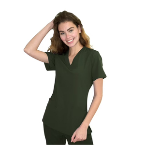 Women V Neck Short Sleeve Scrub <b>Top</b> Dark Green Cotton Polyester Blend Hospital Uniform Scrub <b>Tops</b> for Medical Workwear - Product Image 5